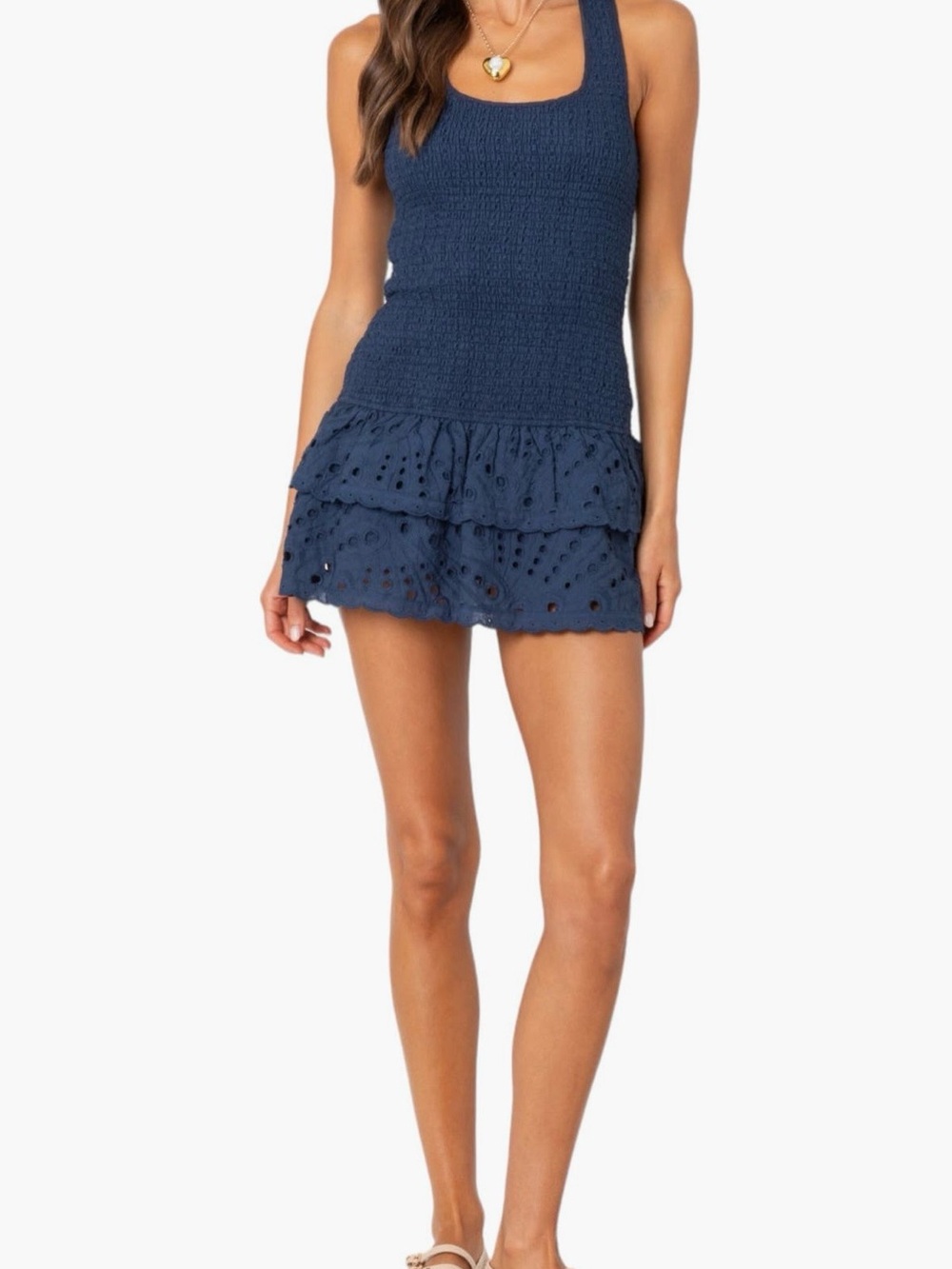 Edikted Navy Blue Smocked Mini Dress with Eyelet Ruffle Skirt